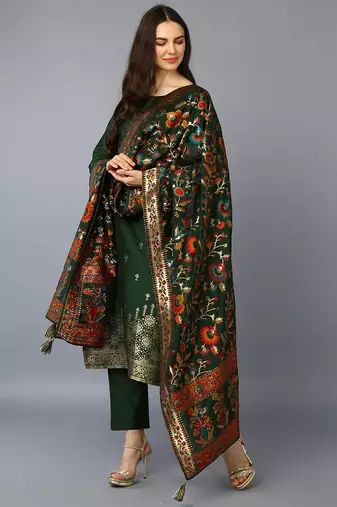 Women green printed silk blend stiched straight kurta pant suit set