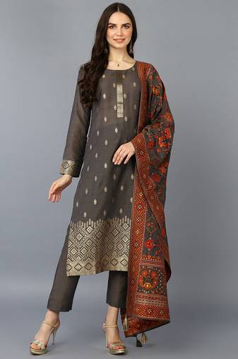 Women grey printed silk blend stiched straight kurta pant suit set