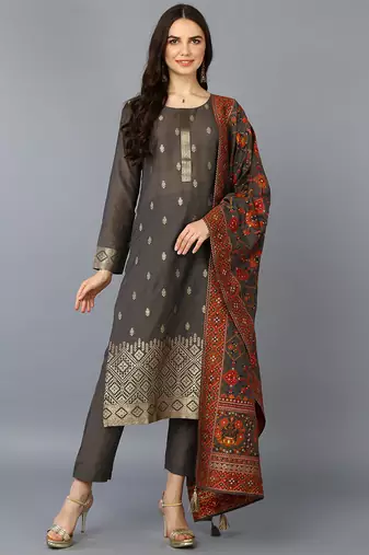 Women grey printed silk blend stiched straight kurta pant suit set