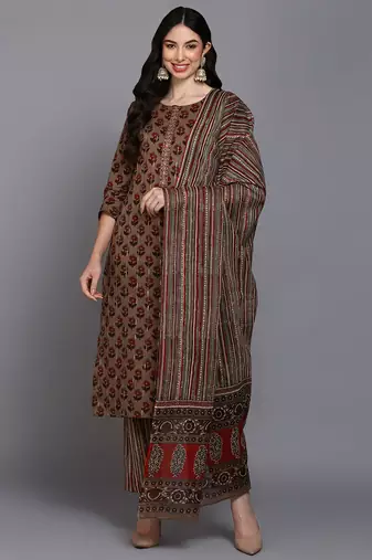 Women beige printed pure cotton  stiched straight kurta trousers suit set