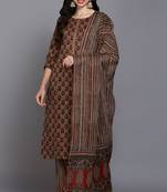 Women beige printed pure cotton  stiched straight kurta trousers suit set