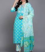 Women blue printed pure cotton  stiched straight kurta trousers suit set