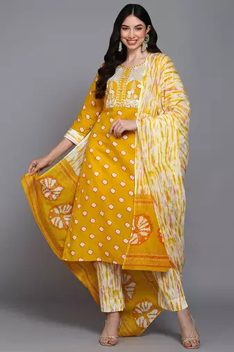 Women yellow printed pure cotton  stiched straight kurta trousers suit set