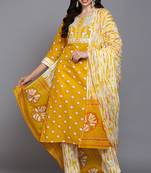 Women yellow printed pure cotton  stiched straight kurta trousers suit set