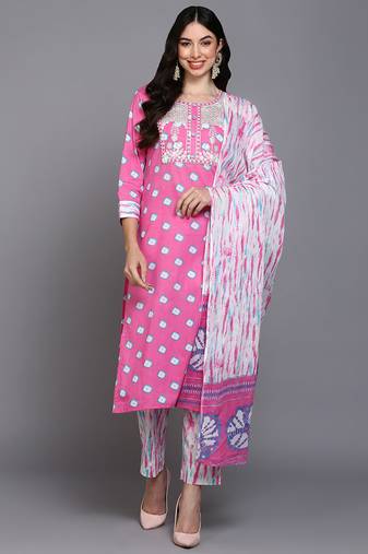 Women pink printed pure cotton  stiched straight kurta trousers suit set
