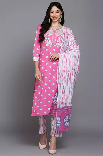 Women pink printed pure cotton  stiched straight kurta trousers suit set