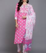 Women pink printed pure cotton  stiched straight kurta trousers suit set