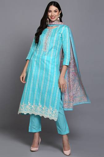 Women blue printed rayon stiched straight kurta trousers suit set