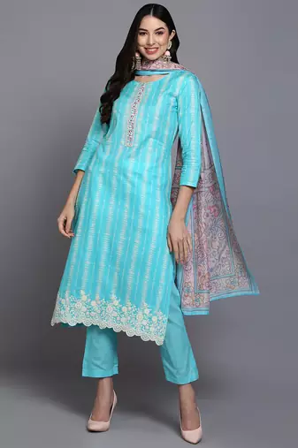 Women blue printed rayon stiched straight kurta trousers suit set