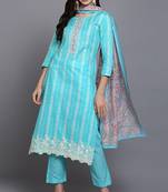 Women blue printed rayon stiched straight kurta trousers suit set