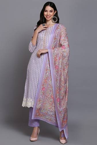 Women purple printed rayon stiched straight kurta trousers suit set