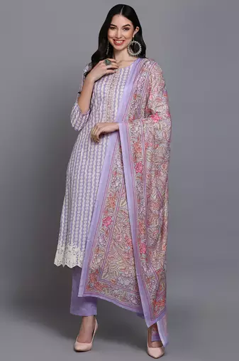Women purple printed rayon stiched straight kurta trousers suit set