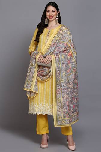 Women yellow printed rayon stiched straight kurta trousers suit set