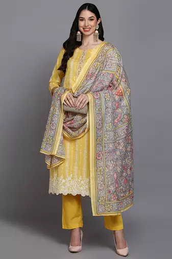 Women yellow printed rayon stiched straight kurta trousers suit set