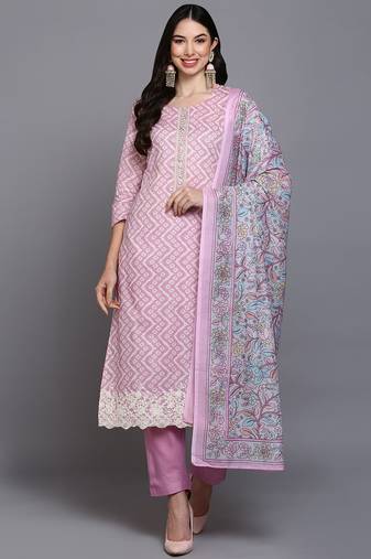 Women pink printed rayon stiched straight kurta trousers suit set
