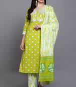Women green printed pure cotton  stiched straight kurta trousers suit set