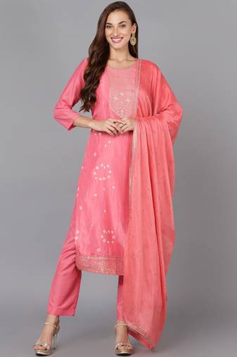 Women pink printed silk blend stiched straight kurta trousers suit set
