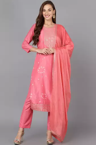 Women pink printed silk blend stiched straight kurta trousers suit set