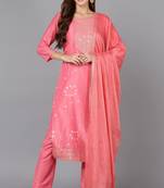 Women pink printed silk blend stiched straight kurta trousers suit set