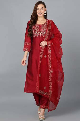 Women red printed silk blend stiched straight kurta trousers suit set