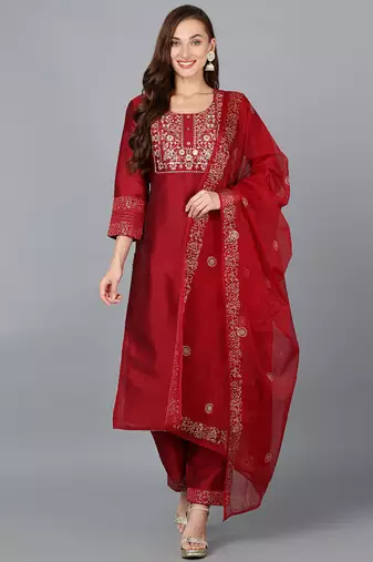 Women red printed silk blend stiched straight kurta trousers suit set