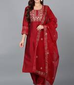 Women red printed silk blend stiched straight kurta trousers suit set