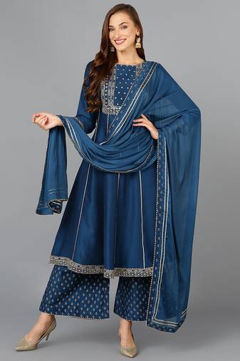 Women green printed silk blend stiched anarkali kurta palazzo suit set