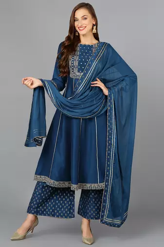 Women green printed silk blend stiched anarkali kurta palazzo suit set