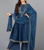 Women green printed silk blend stiched anarkali kurta palazzo suit set