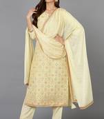 Women yellow printed silk blend stiched straight kurta pant suit set