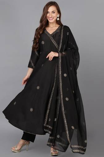 Women black printed silk blend stiched straight kurta pant suit set