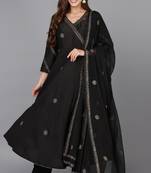 Women black printed silk blend stiched straight kurta pant suit set