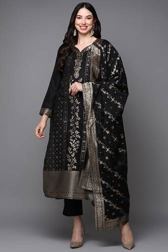 Women black printed silk blend stiched straight kurta pant suit set