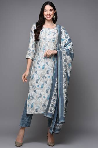 Women white printed silk blend stiched straight kurta pant suit set