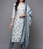 Women white printed silk blend stiched straight kurta pant suit set