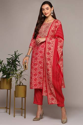 Women pink printed silk blend stiched straight kurta pant suit set