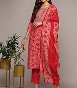 Women pink printed silk blend stiched straight kurta pant suit set
