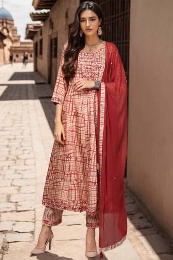 Women beige printed silk blend stiched flared kurta palazzo suit set