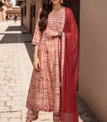 Women beige printed silk blend stiched flared kurta palazzo suit set