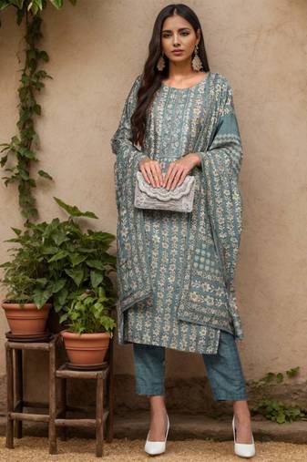 Women grey printed silk blend stiched straight kurta pant suit set