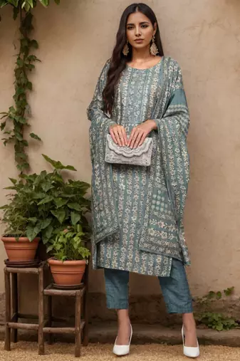 Women grey printed silk blend stiched straight kurta pant suit set