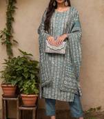 Women grey printed silk blend stiched straight kurta pant suit set
