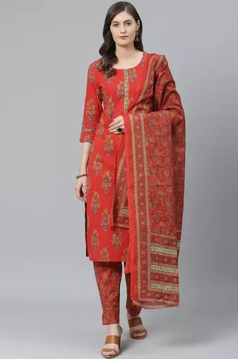 Women red printed polyester stiched straight kurta pant suit set