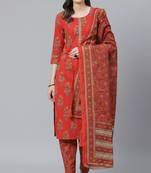 Women red printed polyester stiched straight kurta pant suit set