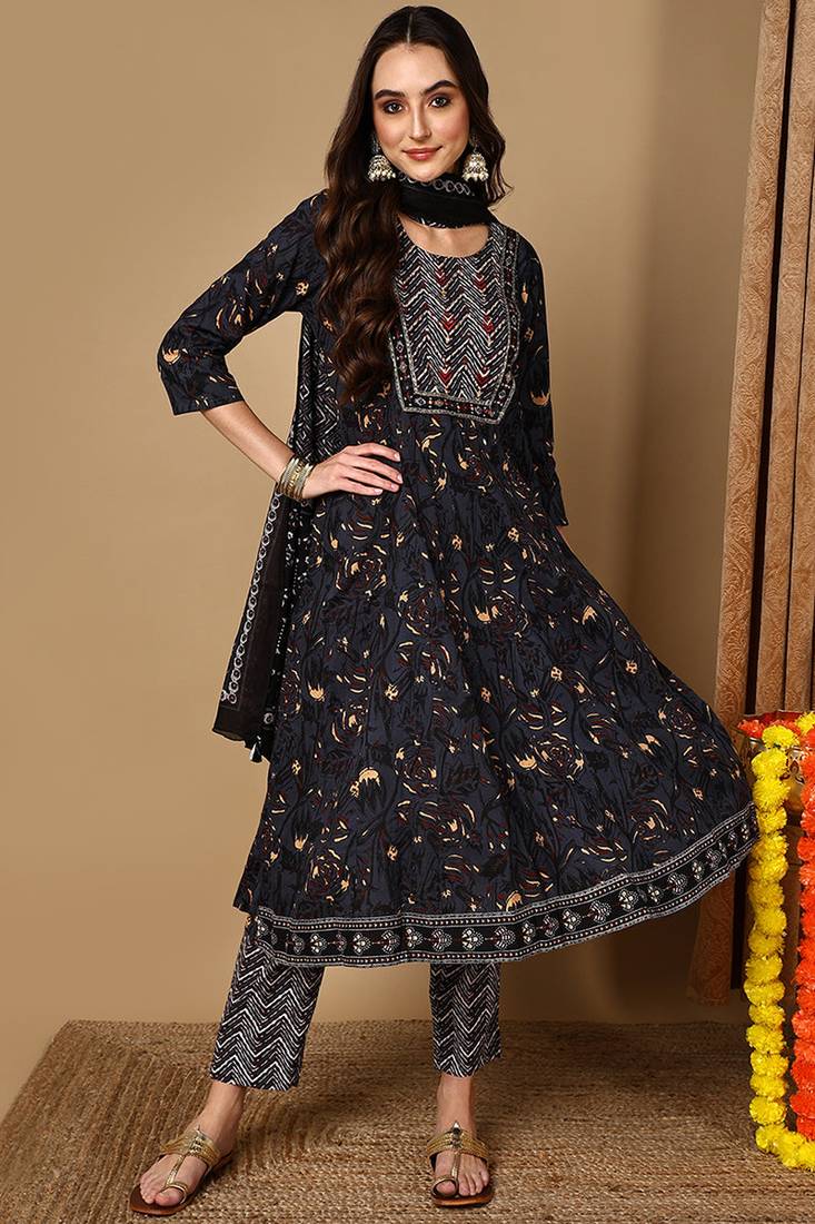 Women black printed pure cotton stiched flared kurta trousers suit