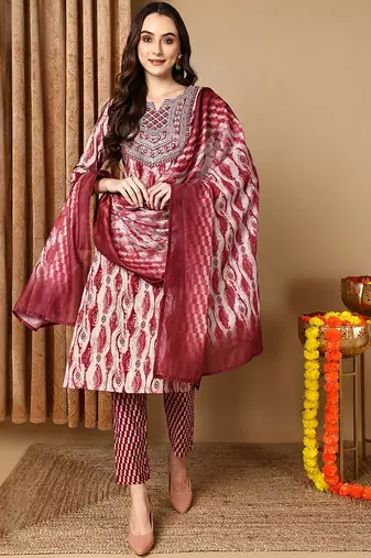 Women red printed pure cotton  stiched straight kurta salwar suit set