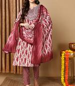 Women red printed pure cotton  stiched straight kurta salwar suit set