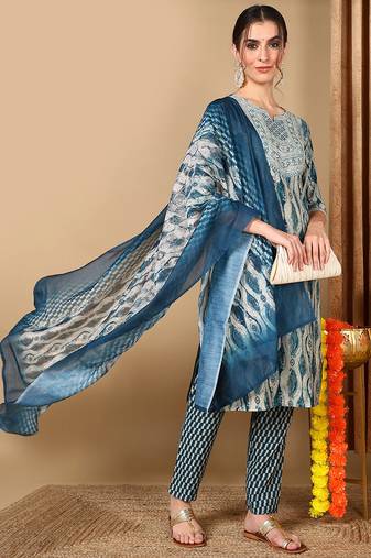 Women blue printed cotton stiched anarkali kurta salwar suit set