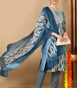 Women blue printed cotton stiched anarkali kurta salwar suit set