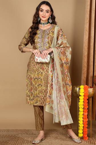 Women yellow printed pure cotton  stiched straight kurta trousers suit set